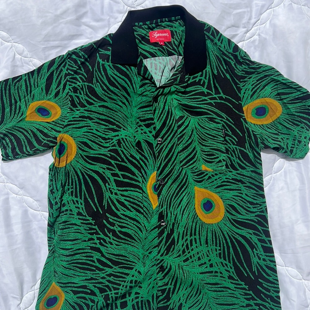 Supreme men’s dress shirt. Peacock feather print.